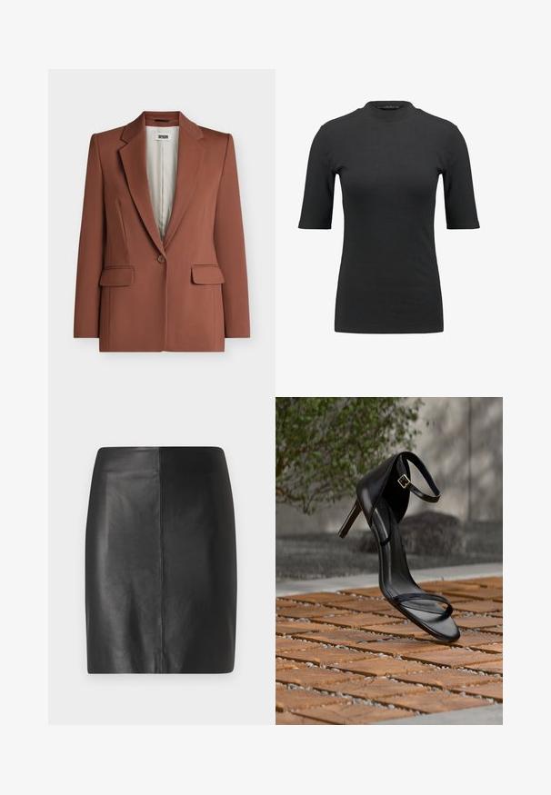 Blazer marron à un bouton avec revers crantés, poches à rabat et doublure intérieure beige clair de la marque Drykorn.; T-shirt noir à côtes avec un col montant et des manches courtes. Design lisse et ajusté sans motifs ni détails matériels visibles.; Jupe en cuir noir avec une coupe ajustée et une texture lisse, présentant une couture centrale à l'avant et une silhouette épurée et minimaliste.; Sandale noire à talon haut avec sangle à la cheville, suspendue au-dessus d'un sol en carreaux de bois à l'extérieur, avec un arrière-plan flou de verdure et de pierre.