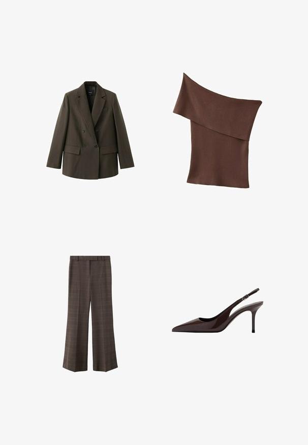Blazer croisé marron foncé avec larges revers, deux poches à rabat sur le devant et deux boutons noirs de chaque côté, posé à plat sur un fond blanc.; Haut marron en tricot à une épaule avec un large col replié et un corps ajusté.; Pantalons larges marron avec un léger motif à carreaux, passants de ceinture et pli à l'avant, présentés sur un fond blanc.; Talons slingbacks en cuir verni marron avec un bout pointu, un talon fin et une bride réglable. Texture lisse et finition brillante.