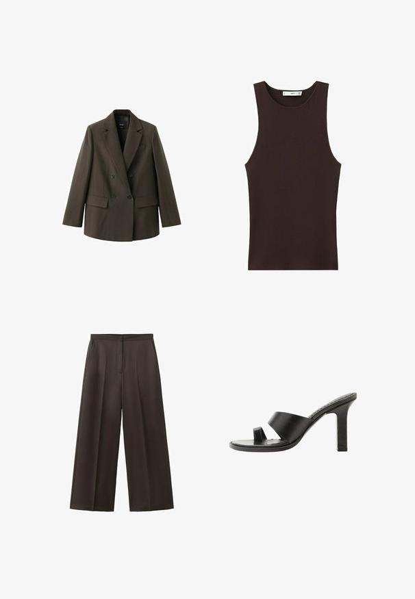 Blazer croisé marron foncé avec larges revers, deux poches à rabat sur le devant et deux boutons noirs de chaque côté, posé à plat sur un fond blanc.; Débardeur côtelé sans manches de couleur brun foncé avec encolure ronde, coupe ajustée, et petite étiquette de marque à l'intérieur du col.; Pantalon noir à jambes larges avec taille haute, plis avant et poches latérales, conçu pour une tenue formelle ou professionnelle.; Sandale noire à talon haut avec une large bride sur le pied et une boucle pour l’orteil, vue de côté sur fond blanc.