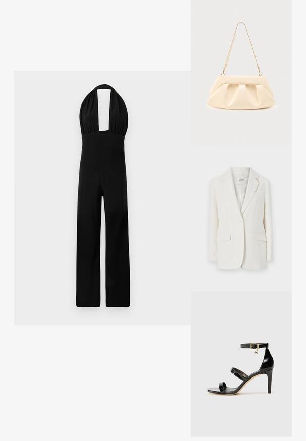 Blazer blanc à rayures fines avec un col à revers, fermeture à un bouton et deux poches avant. Tissu lisse avec un léger éclat.; Combinaison noire à encolure dégagée avec un décolleté profond, un buste froncé et une coupe large. Le tissu a une texture lisse et une couleur uniforme.; Sandale en cuir verni noir avec trois brides, boucle de cheville et talon aiguille de 10 cm. Présente un détail en métal doré et un charm logo.; Sac à main en cuir couleur crème avec des plis froncés, des ferrures dorées, et une seule bandoulière fine sur un fond uni.