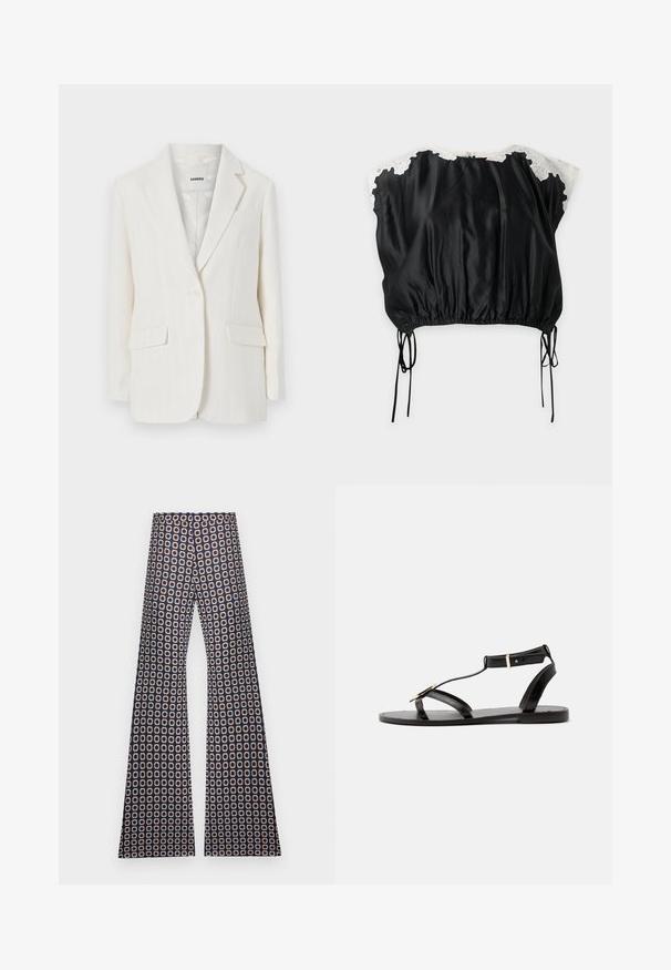 Blazer blanc à rayures fines avec un col à revers, fermeture à un bouton et deux poches avant. Tissu lisse avec un léger éclat.; Blouse en satin noir avec accents en dentelle blanche aux épaules, manches courtes, ourlet élastique et liens coulissants latéraux sur fond uni.; Pantalon flare bleu marine avec motif de marguerites blanches et orange réparties uniformément sur le tissu, présenté à plat sur un fond blanc.; Sandale plate noire avec fines lanières, une boucle à la cheville et une boucle décorative circulaire dorée sur la lanière avant.