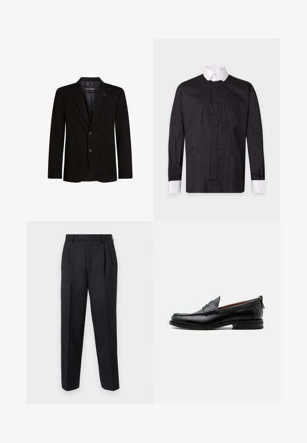 Blazer noir en tissu lisse, avec deux poches avant, revers crantés, fermeture à deux boutons et un accent logo subtil sur le revers.; Chemise noire à manches longues avec col blanc et poignets blancs, boutonnée à l'avant, présentée sur un fond uni clair.; Pantalon tailleur noir avec plis à l'avant, passants pour ceinture et coupe droite, sur un fond clair uni.; Mocassin homme en cuir noir avec couture moc toe, bride penny, col texturé et petit talon empilé sur fond blanc.