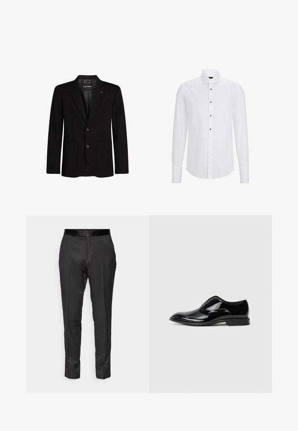 Blazer negro hecho de tejido suave, con dos bolsillos frontales, solapas muestradas, cierre de dos botones y un sutil acento de logo en la solapa.; Camisa blanca de manga larga con un panel frontal curvado, botones negros en el centro y un cuello clásico. Textura de tela suave.; Pantalones negros ajustados con un corte slim, frente plano y un brillo sutil. Presentan una cinturilla negra suave y detalles de pliegue a lo largo de las piernas.; Zapato de vestir de charol negro con un diseño elegante, puntera afilada y seis ojales para los cordones; superficie lisa y tacón bajo.