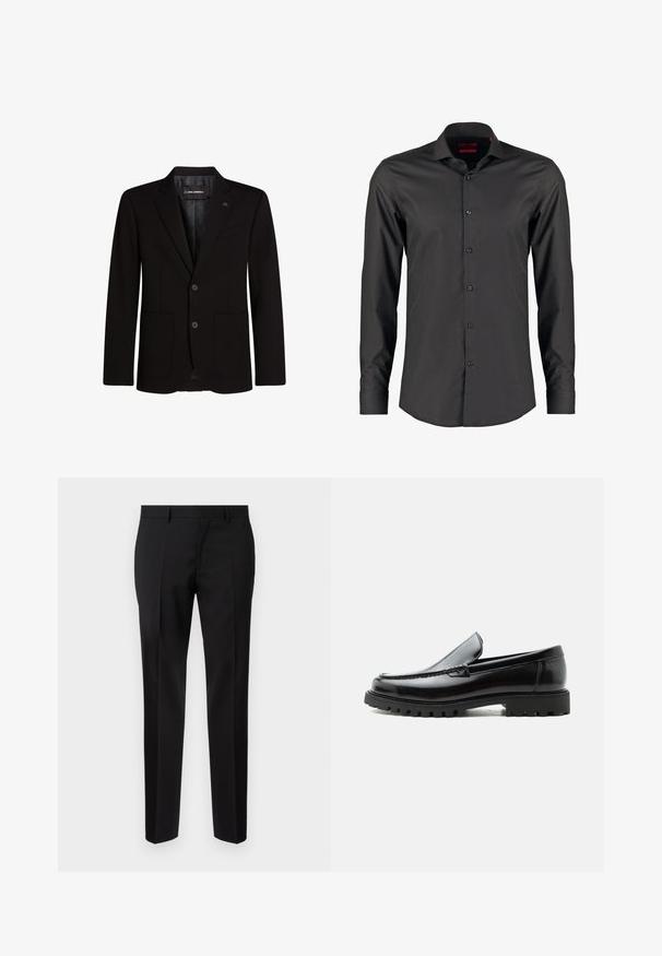 Schwarzer Blazer aus glattem Stoff, mit zwei vorderen Taschen, geknöpften Revers, Zwei-Knopf-Verschluss und einem dezenten Logo-Detail am Revers.; Schwarzes Langarmshirt mit slim fit, aus glattem Stoff. Verfügt über einen spitzen Kragen und sechs Knöpfe an der Vorderseite.; Schwarze maßgeschneiderte Hosen aus glattem Stoff, mit geradem Bein, feinen Bügelfalten und einem klassischen Bund mit Gürtelschlaufen.; Schwarzer Lederloafer mit grober Gummisohle, genähter Oberseite und geprägtem Markennamen an der Ferse, seitlich auf weißem Hintergrund gezeigt.