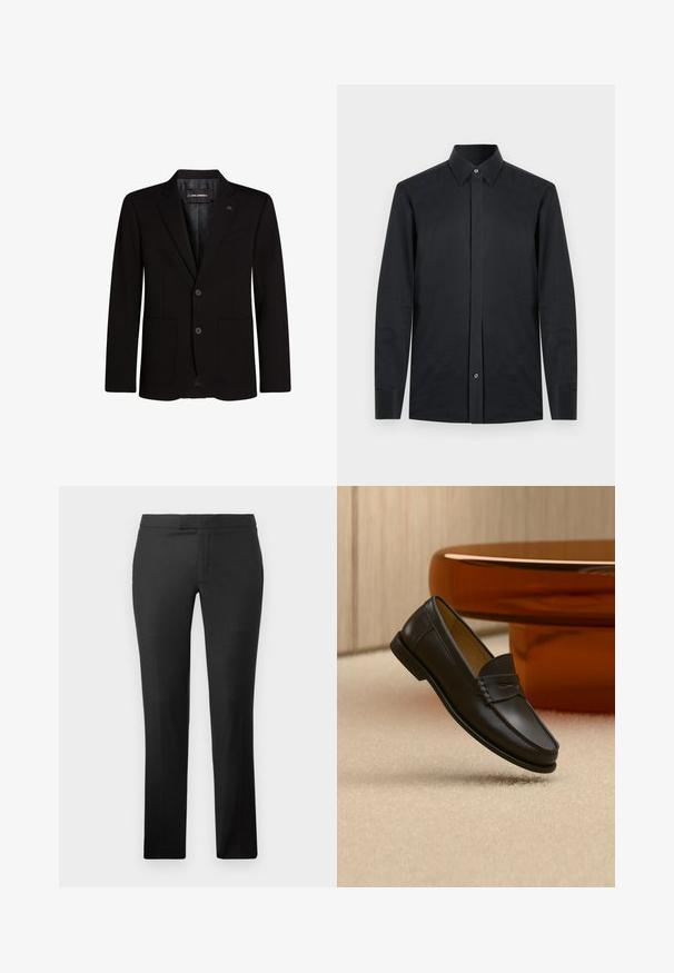 Blazer noir en tissu lisse, avec deux poches avant, revers crantés, fermeture à deux boutons et un accent logo subtil sur le revers.; Chemise noire à manches longues avec un col pointu, un bouton à l'avant et des poignets rectangulaires. Fabriquée en tissu lisse et léger.; Pantalons droits noirs en tissu lisse, dotés d'un devant plat, sans poches visibles et d'un design de taille épuré.; Chaussure mocassin en cuir noir suspendue au-dessus d’un tapis beige avec du mobilier moderne couleur ambre en arrière-plan.