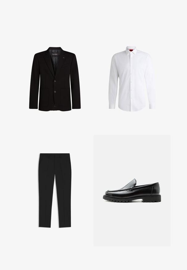 Blazer noir en tissu lisse, avec deux poches avant, revers crantés, fermeture à deux boutons et un accent logo subtil sur le revers.; Chemise blanche à manches longues en tissu lisse avec un col classique et un ourlet arrondi. Présente des boutons beiges à l'avant.; Pantalons noirs sur mesure avec une coupe droite, dotés de deux poches latérales et de plis sur le devant pour plus de structure, fabriqués en tissu lisse.; Mocassin en cuir noir avec semelle en caoutchouc épaisse, dessus cousu et nom de marque embossé sur le talon, présenté de profil sur fond blanc.