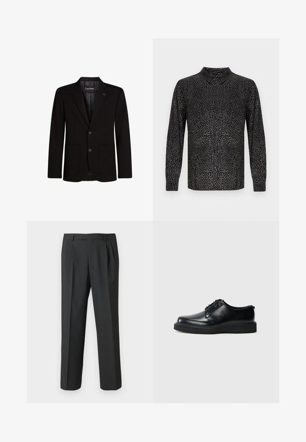 Zwarte blazer van gladde stof, met twee voorzakken, schouderflappen, een sluiting met twee knopen en een subtiele logo-accent op de lapel.; Zwart shirt met lange mouwen, voorzien van een hoge kraag, knopen aan de voorkant en een wit gestippeld patroon over het gehele oppervlak. Gladde stof met een losse pasvorm.; Zwarte broek van gladde stof, met een rechte pijp, geplooide voorkant en standaard tailleband met riemlussen.; Zwarte leren veterschoenen met een ronde neus, een gladde afwerking en een getextureerde zwarte rubberen zool. Minimalistisch ontwerp zonder zichtbare patronen.