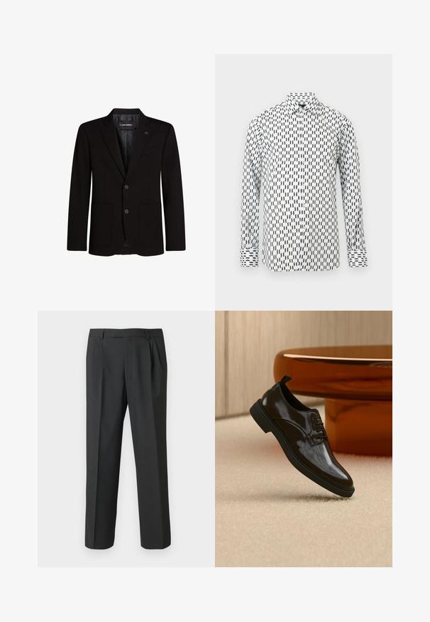 Blazer noir en tissu lisse, avec deux poches avant, revers crantés, fermeture à deux boutons et un accent logo subtil sur le revers.; Chemise blanche à manches longues avec motif géométrique en zigzag noir et col classique sur un fond gris clair uni.; Pantalon noir en tissu lisse, avec une coupe droite, un devant plissé et une taille standard avec passants pour ceinture.; Chaussure habillée noire brillante en cuir à lacets flottant au-dessus d'un tapis beige avec une table ronde marron brillante en arrière-plan.