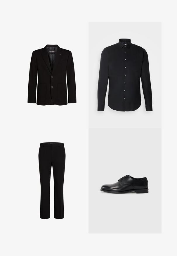 Zwarte blazer van gladde stof, met twee voorzakken, schouderflappen, een sluiting met twee knopen en een subtiele logo-accent op de lapel.; Zwarte longsleeve shirt met een button-down kraag, frontknopen, rechte zoom en een gladde textuur; subtiele branding op de borst.; Zwarte op maat gemaakte broeken van gladde stof, met een recht model, riemlussen en voorzakken voor extra functionaliteit.; Zwarte leren dress shoe met een ronde neus, vetersluiting, gladde textuur en een low-profile rubberen zool. Minimale stikseldetails.