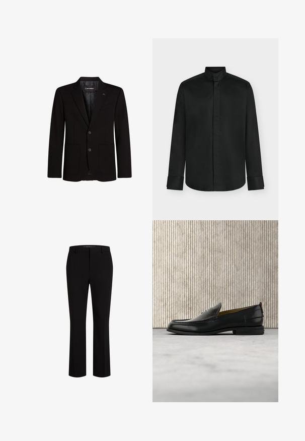 Blazer noir en tissu lisse, avec deux poches avant, revers crantés, fermeture à deux boutons et un accent logo subtil sur le revers.; Chemise noire à manches longues avec col montant, patte de boutonnage cachée et larges poignets, présentée sur un fond clair uni.; Pantalons noirs cintrés en tissu lisse, présentant une coupe droite, des passants de ceinture et des poches avant pour une fonctionnalité accrue.; Mocassin pour homme en cuir noir avec un dessus embossé effet croco et un petit talon, présenté de profil sur un fond neutre.