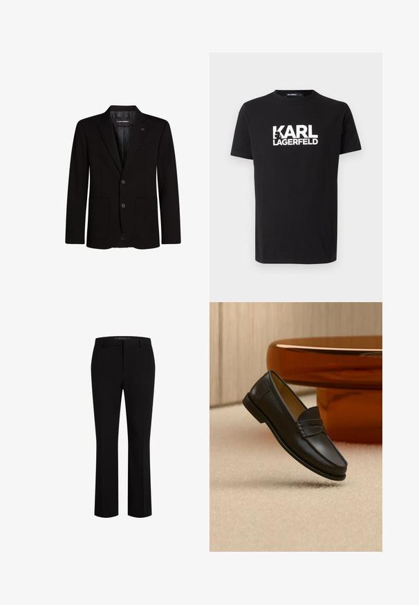 Blazer noir en tissu lisse, avec deux poches avant, revers crantés, fermeture à deux boutons et un accent logo subtil sur le revers.; T-shirt en coton noir avec un logo « KARL LAGERFELD » en blanc audacieux sur le devant, col rond et manches courtes. Texture lisse et coupe classique.; Pantalons noirs cintrés en tissu lisse, présentant une coupe droite, des passants de ceinture et des poches avant pour une fonctionnalité accrue.; Chaussure mocassin en cuir noir suspendue au-dessus d’un tapis beige avec du mobilier moderne couleur ambre en arrière-plan.