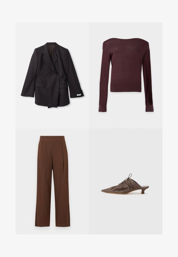 Sort, dobbeltrækker blazer lavet af et glat stof. Har spids klapper, to forlommer og knapdetaljer på ærmerne.; Mørkebrun off-shoulder stram striktrøje med lange ærmer og ribbede manchetter og kant mod en ensartet lys baggrund.; Brune vidde-bukser med en glat tekstur, der har en flad front og læg. Taljebåndet er elastisk for komfort og pasform.; Brun læder mule med spids tå, samlet tekstur, lille hæl og en snorede accent ved åbningen. Glat finish.