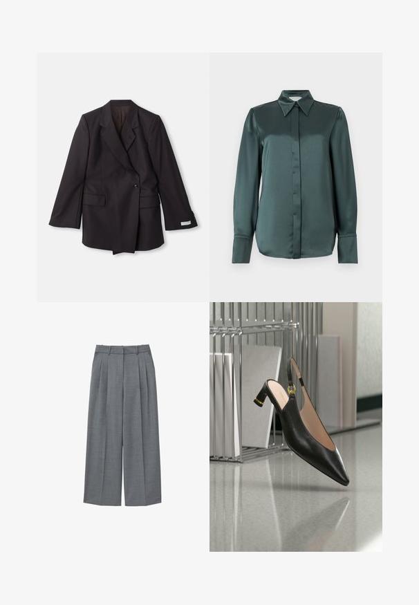Blazer negro de doble botonadura hecho de una tela suave. Cuenta con solapas con muescas, dos bolsillos frontales y detalles de botones en las mangas.; Blusa de satén de manga larga en verde azulado oscuro con cuello puntiagudo, tapeta de botones frontal oculta y puños anchos extendidos.; Pantalones anchos de pierna ancha en gris, con plisados, una textura suave, una cinturilla ajustada y sin herrajes visibles. Diseñados para un ajuste relajado.; Zapato de cuero negro con puntera puntiaguda y tiras traseras, tacón medio de bloque con detalle dorado, colocado cerca de una estantería metálica y libros sobre un suelo reflectante.