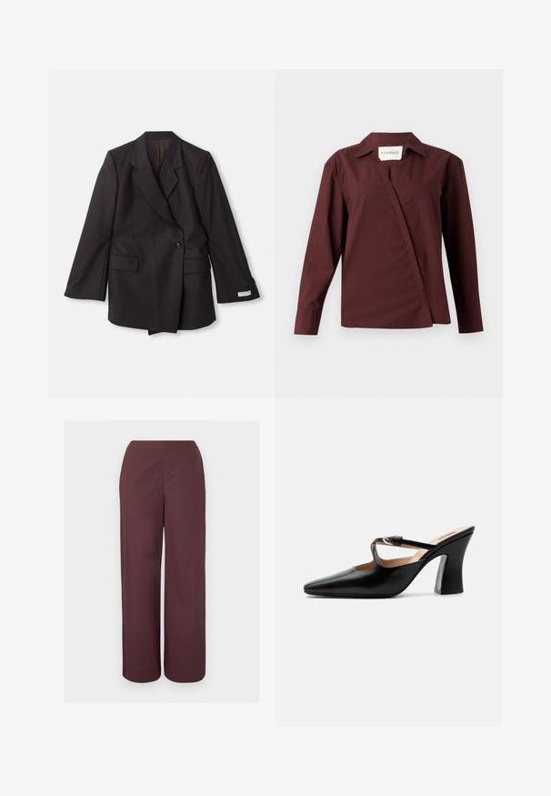 Musta, kahekordne bleiser, mis on valmistatud siledast kangast. Omab lõikega krae, kahte esipakki ja nööpide kaunistust varrukatel.; CLOSED ASYMMETRIC SHIRT - Nööpidega pluus - dark raisin red; Pruunid kõrge vöökohaga laia säärega püksid, sileda esiosaga ja küljetaskutega, esitatud heleda ühevärvilise tausta ees.; Mustast nahast terava ninaosaga mule poolkõrge lehvitud kontsa ja õhukese hõbedase pandlaga rihmaga üle jala pealse.