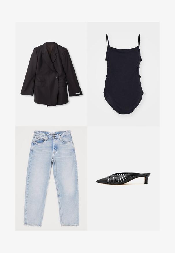 Blazer negro de doble botonadura hecho de una tela suave. Cuenta con solapas con muescas, dos bolsillos frontales y detalles de botones en las mangas.; Top negro sin mangas con tirantes finos, hecho de un tejido suave. Presenta lados drapeados y un dobladillo redondeado para un ajuste relajado.; Vaqueros de mezclilla azul claro con un corte relajado, cinco bolsillos y un diseño de pierna recta. Textura deslavada, botón superior y cierre de cremallera.; Zapato mule de cuero negro con punta afilada, diseño de tiras con recortes y tacón bajo tipo kitten sobre fondo blanco.