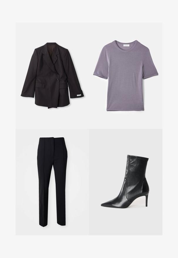 Sort, dobbeltrækker blazer lavet af et glat stof. Har spids klapper, to forlommer og knapdetaljer på ærmerne.; Lilla kortærmet t-shirt lavet af blødt stof, med en rund hals og en lige kant, med en glat tekstur og uden synlige mønstre.; Sorte skræddersyede bukser med lige ben i et glat stof, der har flad front og sidelommer for funktionalitet.; Sorte ankelstøvler lavet af glat læder, med spids tå, tætsiddende skaft og en slank høj hæl. Minimalistisk design uden synligt hardware.
