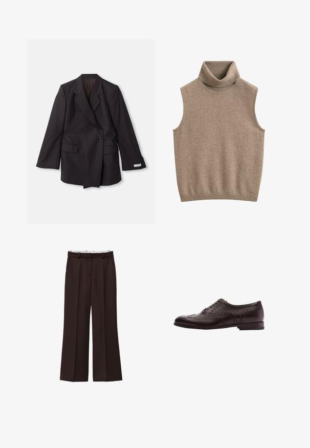 Blazer negro de doble botonadura hecho de una tela suave. Cuenta con solapas con muescas, dos bolsillos frontales y detalles de botones en las mangas.; Chaleco de punto beige sin mangas con cuello alto y ribete acanalado en cuello y dobladillo, hecho de tela suave.; Pantalones de pierna ancha en tela marrón oscuro, con cintura alta, pinzas dobles y bolsillos laterales. Textura suave con pasadores para cinturón.; Zapato de vestir de cuero marrón con detalles de brogue, cierre con cordones, puntera redondeada y un tacón bajo apilado. Acabado pulido y perforaciones intrincadas.