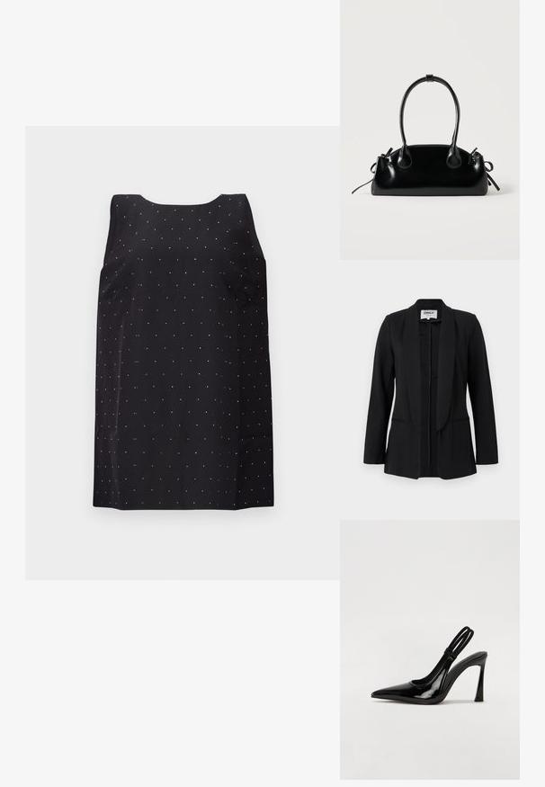 Blazer noir pour femme avec col châle, manches longues et deux poches fendues à l'avant, présenté sur un fond clair uni.; Robe noire sans manches avec un col rond, ornée d'un motif dispersé de petits points argentés brillants sur le tissu.; Escarpin en cuir verni noir à talon aiguille, à bout pointu, avec une sangle élastique double pour un maintien sécurisé. Surface lisse et brillante.; Petit sac à main noir brillant avec deux longues anses et des détails à cordon sur les côtés sur un fond clair uni.
