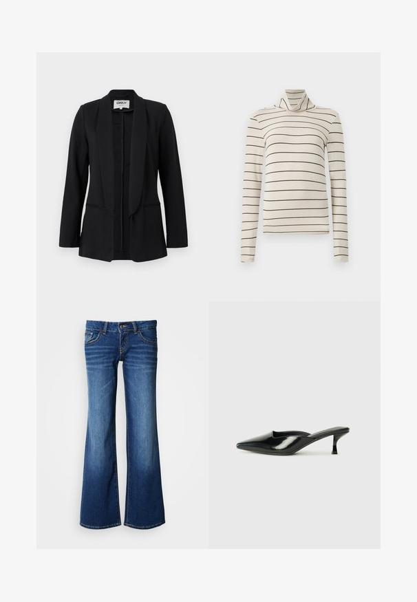 Blazer noir pour femme avec col châle, manches longues et deux poches fendues à l'avant, présenté sur un fond clair uni.; Pull col roulé beige avec des rayures horizontales noires. Fabriqué en tissu doux, avec des manches longues et une coupe ajustée.; Jeans en denim évasés bleu foncé, dotés d'un design classique à cinq poches, fermeture à boutons et surpiqûres contrastantes. Texture lisse.; Mules en cuir verni noir avec un bout pointu, un petit talon et des côtés courbés, présentant une finition brillante et un design minimaliste.