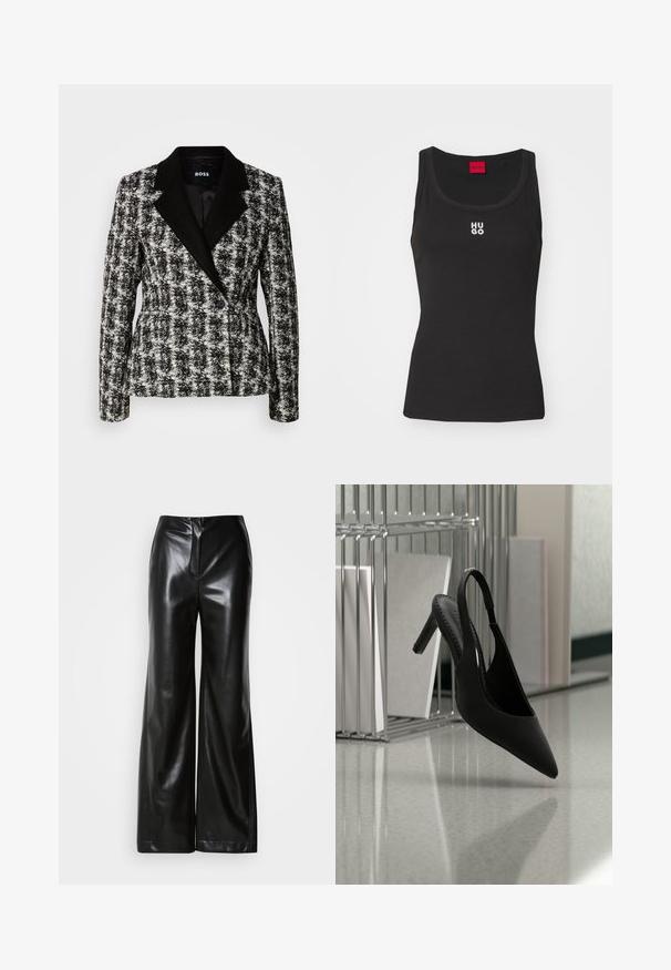 Blazer noir et blanc à double boutonnage avec un motif pied-de-coq, revers crantés et boutons noirs. Tissu texturé avec une coupe structurée.; Débardeur noir en coton avec un col rond et sans manches. Présente le logo blanc "HUGO" au centre. Design simple et ajusté.; Pantalons larges en cuir noir avec une texture lisse, taille haute et fermeture éclair frontale dissimulée. Coupe ajustée avec une finition soignée.; Chaussure à talon haut à bout pointu et bride arrière suspendue en l'air au-dessus d'un sol brillant avec des classeurs empilés en arrière-plan.