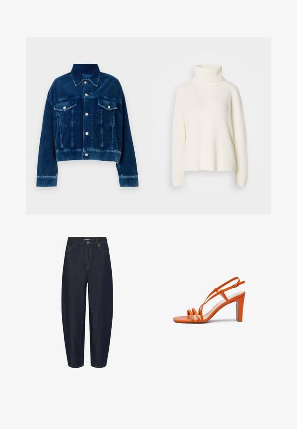 Blauwe corduroy cropped jas met een kraag, twee borstzakken en zilveren drukknoopsluitingen. Textuur met uitgesproken verticale strepen.; Witte gebreide turtleneck trui met een geribbelde textuur, raglanmouwen en een ontspannen pasvorm. Kenmerkt zich door een hoge kraag en zachte stof.; Donkerblauwe jeans met hoge taille en rechte pijpen, voorzien van een knoopsluiting aan de voorkant, rits en een ontwerp met vijf zakken.; Oranje hoge hakken sandaal met smalle banden en een vierkante neus. Heeft een chunky hak en een gespsluiting rond de enkel, gemaakt van glad materiaal.