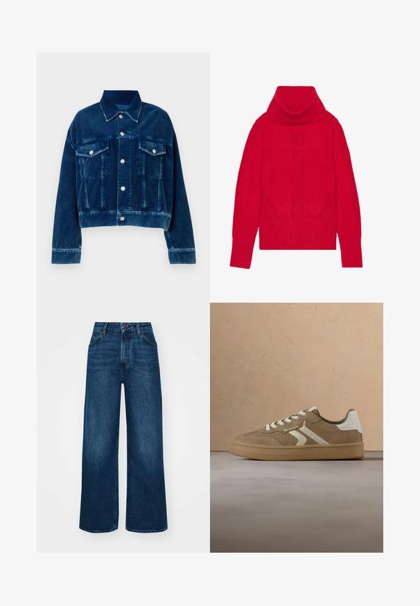Blå fløjl cropped jakke med krave, to brystlommer og sølvfarvede trykknapper. Teksturerede lodrette striber er fremtrædende.; Rød strikket turtleneck sweater med ribbet tekstur, lodret detaljer og brede ribbede manchetter og kant. Blødt, tykt stof.; Højtaljede, brede jeans i mørkeblå denim med en glat tekstur, kontrastsyninger og design med fem lommer. Lukning foran med knap.; Brun ruskindsneakers med struktureret mønster, hvide sidestriber, beige hælpatch og beige snørebånd på en tyk brun sål.