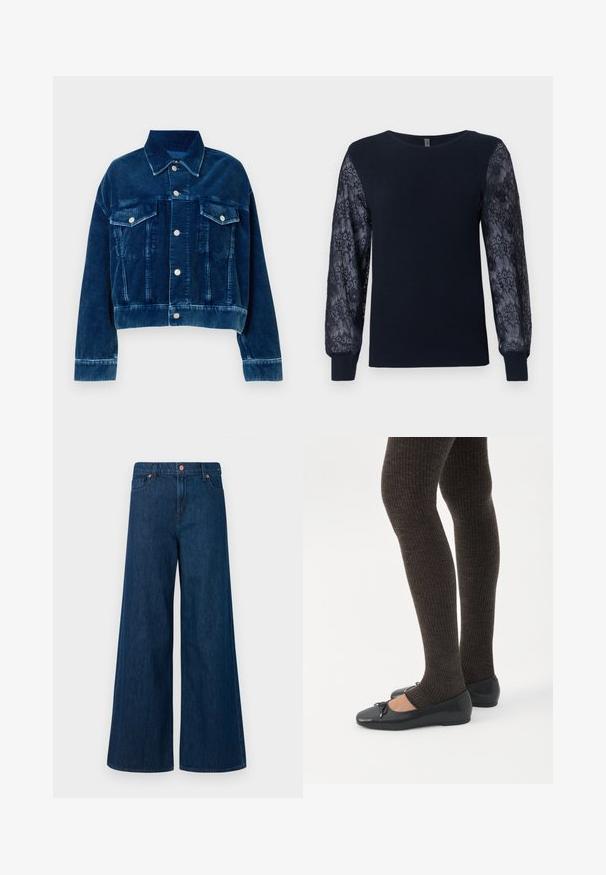 Blauwe corduroy cropped jas met een kraag, twee borstzakken en zilveren drukknoopsluitingen. Textuur met uitgesproken verticale strepen.; Marineblauwe gebreide trui met doorzichtige bloemenkant lange mouwen en geribbelde boorden, ronde hals en rechte zoom.; Blauwe wijde denim jeans met knoopsluiting aan de voorkant, riemlussen en een vijf-pocket ontwerp op een witte achtergrond.; Benen met donkere geribbelde leggings gecombineerd met zwarte ballerina's met kleine strikdetails op een witte achtergrond.