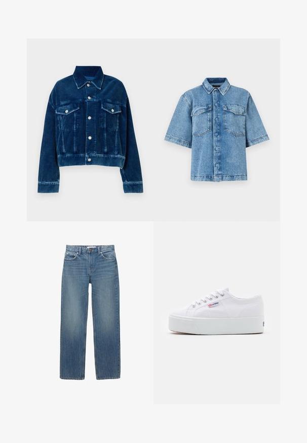 Blå fløjl cropped jakke med krave, to brystlommer og sølvfarvede trykknapper. Teksturerede lodrette striber er fremtrædende.; Kortærmet denimskjorte i lyseblå med spread krave, to brystlommer og knaplukning fortil. Skjorten har en afslappet pasform og synlige syninger.; Lysblå denimjeans med lige snit, fem lommer og hardware i kobberfarve. Stoffet har en let falmning og en glat tekstur.; Hvide canvas sneakers med en tyk hvid platformssål, rund tå og metaløjelets til snørebånd. Mærkets logo præsenteret på siden.