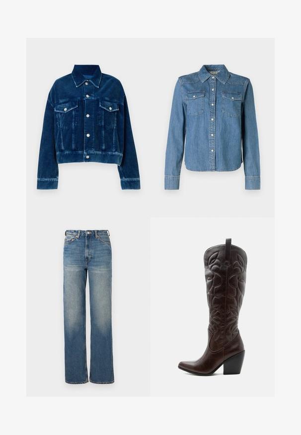 Chaqueta de corté en terciopelo azul con cuello tipo camisa, dos bolsillos en el pecho y botones a presión plateados. Se destacan las rayas verticales texturizadas.; La camisa de mezclilla presenta un tono azul claro, un cuello clásico y dos bolsillos en el pecho. Tiene botones a presión y mangas largas con puños abotonados.; Vaqueros de talle alto y pernera ancha en denim azul claro con un ligero desgastado, diseño de cinco bolsillos y acentos de metal.; Bota vaquera alta de cuero marrón oscuro con patrones decorativos cosidos, punta puntiaguda y tacón de bloque apilado.
