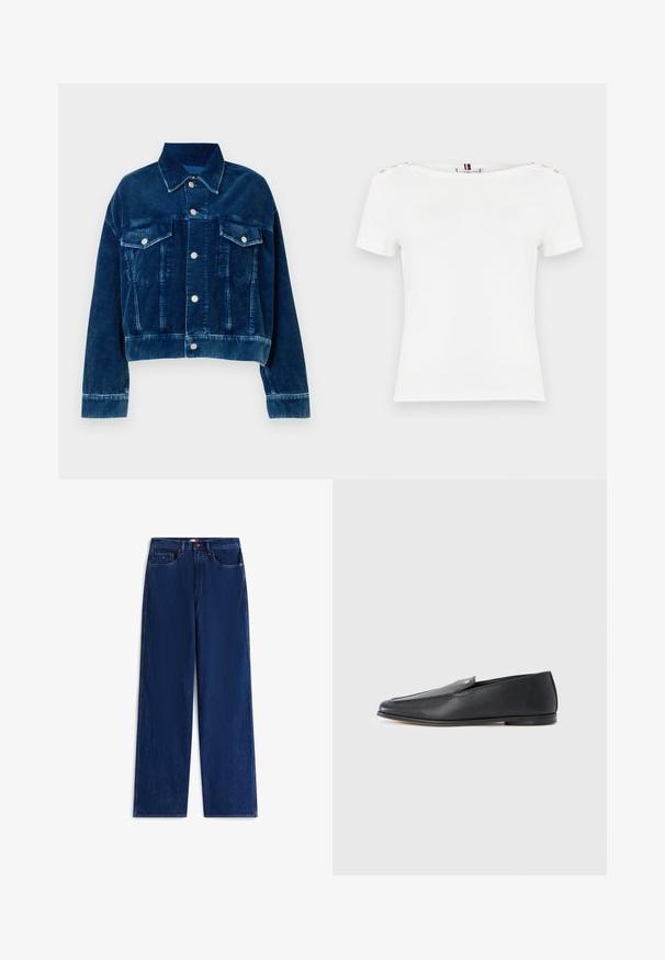 Chaqueta de corté en terciopelo azul con cuello tipo camisa, dos bolsillos en el pecho y botones a presión plateados. Se destacan las rayas verticales texturizadas.; Top blanco de manga corta con escote barco, con botones decorativos en ambos hombros y una pequeña etiqueta de marca en la parte trasera del cuello.; Vaqueros de mezclilla azul oscuro con piernas rectas, cierre frontal con botón y cremallera, y bolsillos delanteros y traseros, extendidos sobre un fondo blanco.; Mocasines de cuero negro con textura suave, punta redondeada y detalles de costura sutiles. Presentan un acento de logo dorado en el lateral superior.