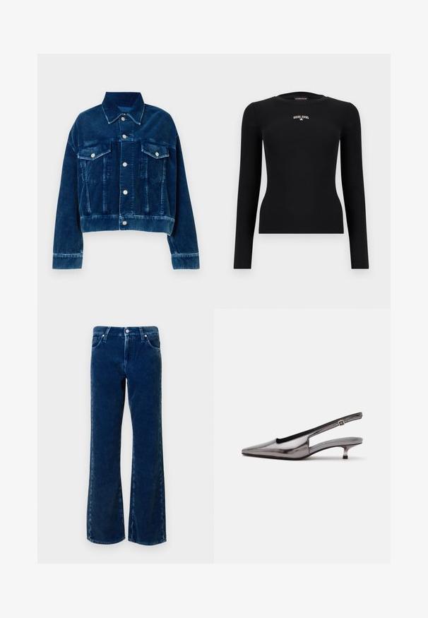 Chaqueta de corté en terciopelo azul con cuello tipo camisa, dos bolsillos en el pecho y botones a presión plateados. Se destacan las rayas verticales texturizadas.; Camiseta ajustada de manga larga negra con cuello redondo y pequeño logo "GUESS JEANS" en blanco centrado en el pecho.; Jeans de pana de campana azul oscuro con textura de estrías verticales, bolsillos frontales y cierre de botón en la cintura. Diseño clásico de cinco bolsillos.; Zapato slingback gris metálico con punta puntiaguda, tacón bajo tipo kitten y correa ajustable sobre fondo blanco.