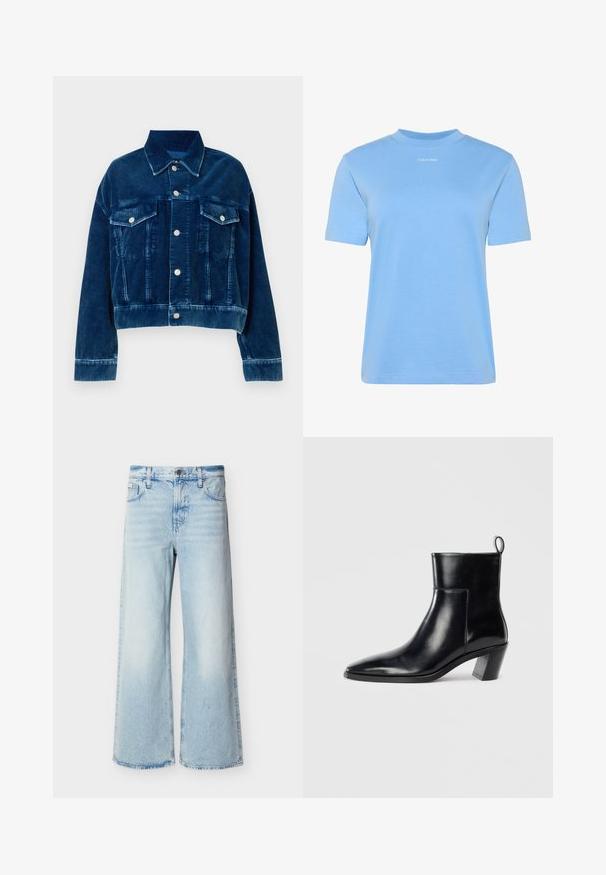 Blauwe corduroy cropped jas met een kraag, twee borstzakken en zilveren drukknoopsluitingen. Textuur met uitgesproken verticale strepen.; Lichtblauw Calvin Klein T-shirt met korte mouwen, ronde hals en een klein wit logo in het midden onder de kraag.; Lichtblauwe jeans met hoge taille en wijde pijpen, voorzien van voorzakken, riemlussen en een knoopsluiting.; Zwarte leren enkelboot met een spitse neus, een geometrische gestapelde hak en een trekband aan de achterkant. Gladde textuur en slank ontwerp.