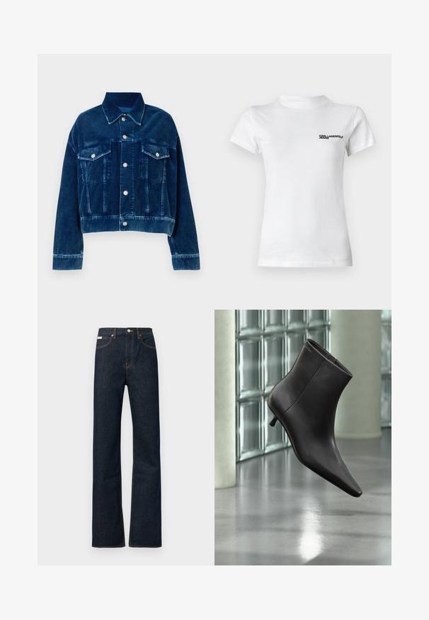 Blå fløjl cropped jakke med krave, to brystlommer og sølvfarvede trykknapper. Teksturerede lodrette striber er fremtrædende.; Hvid bomulds t-shirt med rund hals. Har korte ærmer og en sort logo tekst "KARL LAGERFELD JEANS" på venstre bryst.; Mørkeblå denimjeans med lige ben, har orange syninger, en knaplukning foran og et lille mærke på linningen.; Sort læderankelstøvle med spids tå og lille hæl vist mod en væg af glasblokke og poleret gulv baggrund.
