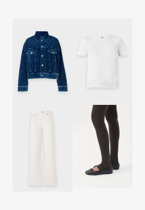 Blauwe corduroy cropped jas met een kraag, twee borstzakken en zilveren drukknoopsluitingen. Textuur met uitgesproken verticale strepen.; Witte t-shirt met korte mouwen en een geribde textuur. Klassieke ronde hals, geen zichtbare logo's of patronen, en een eenvoudig, strak ontwerp.; Witte flared jeans van denim, met een hoge taille, vijf zakken en dubbele stiksels, voorzien van accenten in koperkleurig hardware.; Benen met donkere geribbelde leggings gecombineerd met zwarte ballerina's met kleine strikdetails op een witte achtergrond.