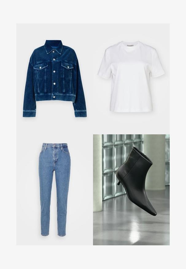 Blauwe corduroy cropped jas met een kraag, twee borstzakken en zilveren drukknoopsluitingen. Textuur met uitgesproken verticale strepen.; AllSaints LISA TEE - T-shirt basic - white; Blauwe high-waisted straight-leg jeans met een knoop en rits aan de voorkant, riemlussen en zakken, weergegeven op een effen witte achtergrond.; Zwarte leren enkellaars met spits toelopende neus en lage kittenhak, schuin weergegeven tegen een gepolijste vloer en een glazen blokken muur als achtergrond.