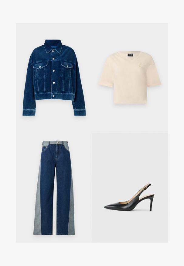 Blauwe corduroy cropped jas met een kraag, twee borstzakken en zilveren drukknoopsluitingen. Textuur met uitgesproken verticale strepen.; Beige cropped T-shirt met V-hals, korte mouwen en klein geborduurd logo op de linkerborst.; Spijkerbroeken met een hoge taille, wijde pijpen en een color-block design met donkerblauwe en lichtblauwe panelen. Voorzien van een zilveren knoopsluiting aan de voorkant.; Zwarte leren slingback-hakken met een spitse neus, verstelbare band en een elegante stiletto-hak, met een gladde afwerking.