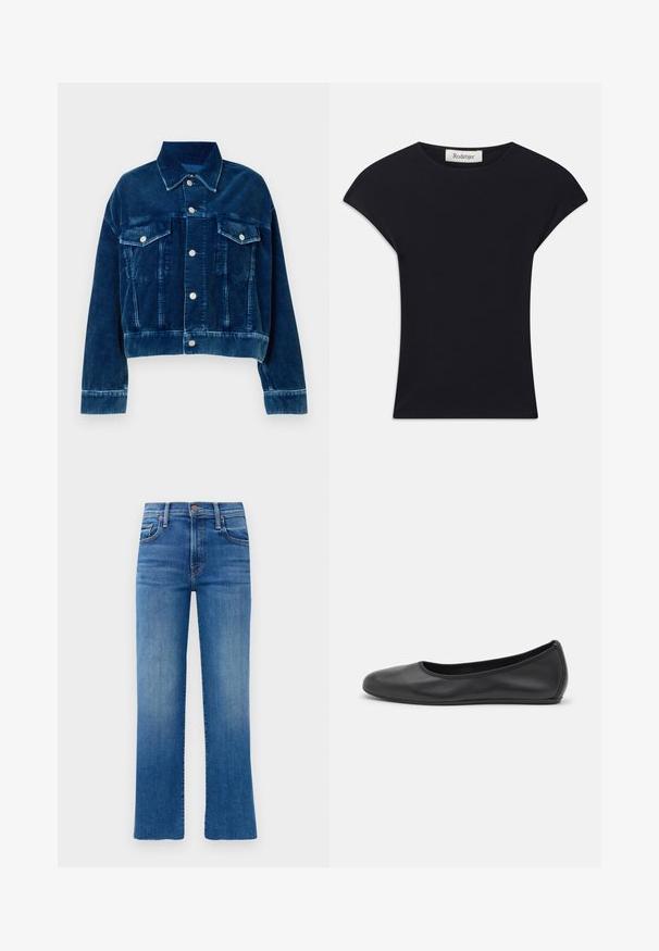 Chaqueta de corté en terciopelo azul con cuello tipo camisa, dos bolsillos en el pecho y botones a presión plateados. Se destacan las rayas verticales texturizadas.; Top negro de manga corta hecho de una tela suave, con un escote redondeado y una forma ajustada con sutiles acentos en los hombros. Etiqueta visible.; Jeans de mezclilla azul con corte recto, cintura alta y un ligero desgastado. Cuenta con un estilo clásico de cinco bolsillos y detalles en dorado.; Bailarina de piel negra con punta redondeada, textura suave, detalle de costura minimalista y diseño de suela flexible.