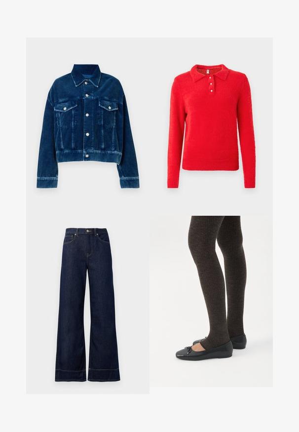 Chaqueta de corté en terciopelo azul con cuello tipo camisa, dos bolsillos en el pecho y botones a presión plateados. Se destacan las rayas verticales texturizadas.; Suéter rojo de punto con cuello, que presenta tres cierres de botones blancos y un acabado texturizado y esponjoso. Mangas largas, ajuste casual.; Jeans rectos de mezclilla color azul oscuro. Presentan un cierre de botón, detalles de costura y bolsillos laterales. Dobladillo acampanado.; Piernas con leggings oscuros acanalados combinados con bailarinas negras que presentan pequeños detalles de lazo sobre un fondo blanco.
