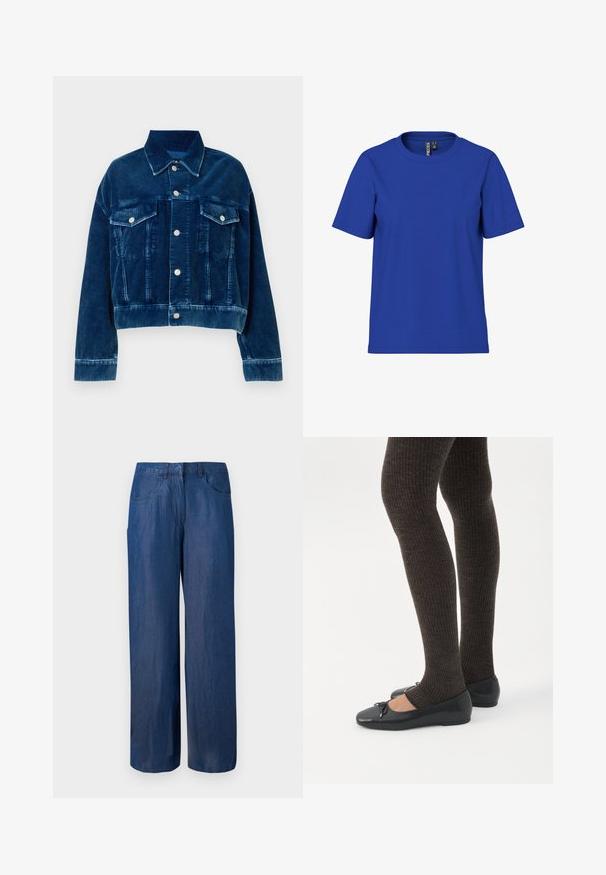 Blauwe corduroy cropped jas met een kraag, twee borstzakken en zilveren drukknoopsluitingen. Textuur met uitgesproken verticale strepen.; Effen koningsblauw T-shirt met korte mouwen en ronde hals, casual fit met zichtbare kledinglabels aan de binnenkant van de halslijn.; Wijdvallende spijkerbroek in donkerblauw. Gemaakt van katoen met een soepele textuur. Bevat twee voorzakken en een knoopsluiting in de taille.; Benen met donkere geribbelde leggings gecombineerd met zwarte ballerina's met kleine strikdetails op een witte achtergrond.