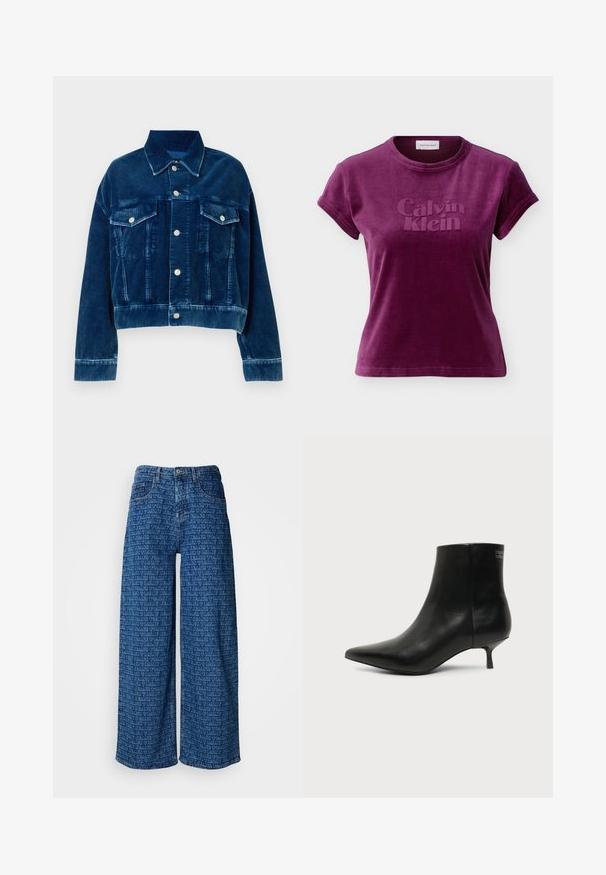 Blå fløjl cropped jakke med krave, to brystlommer og sølvfarvede trykknapper. Teksturerede lodrette striber er fremtrædende.; Kortærmet t-shirt i plommerøde velour med præget "Calvin Klein" logo foran og rund halsudskæring.; Bredde ben, blå denim jeans med et gentaget præget logo-mønster. Har et klassisk fem-lomme design og knaplukning.; Sort læder ankelstøvle med spids tå og lav kitten hæl på lys baggrund, der viser yderside.