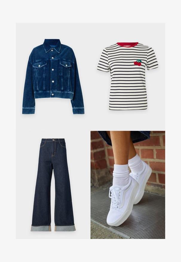 Blauwe corduroy cropped jas met een kraag, twee borstzakken en zilveren drukknoopsluitingen. Textuur met uitgesproken verticale strepen.; Gestreept T-shirt in crème en marineblauw, met een rode kraag. Bevat een geborduurd kersenontwerp op het linkerborstgebied. Korte mouwen.; Brede broekspijpen in donkerdenim met oranje stiksel, met een hoge taille, twee voorzakken en omgeslagen manchetten die een lichtblauwe contraststof laten zien.; Witte canvas sneakers met rubberen zolen, voorzien van zes vetertjes, een ronde neus en lichte stikdetails, gecombineerd met witte enkelsokken.