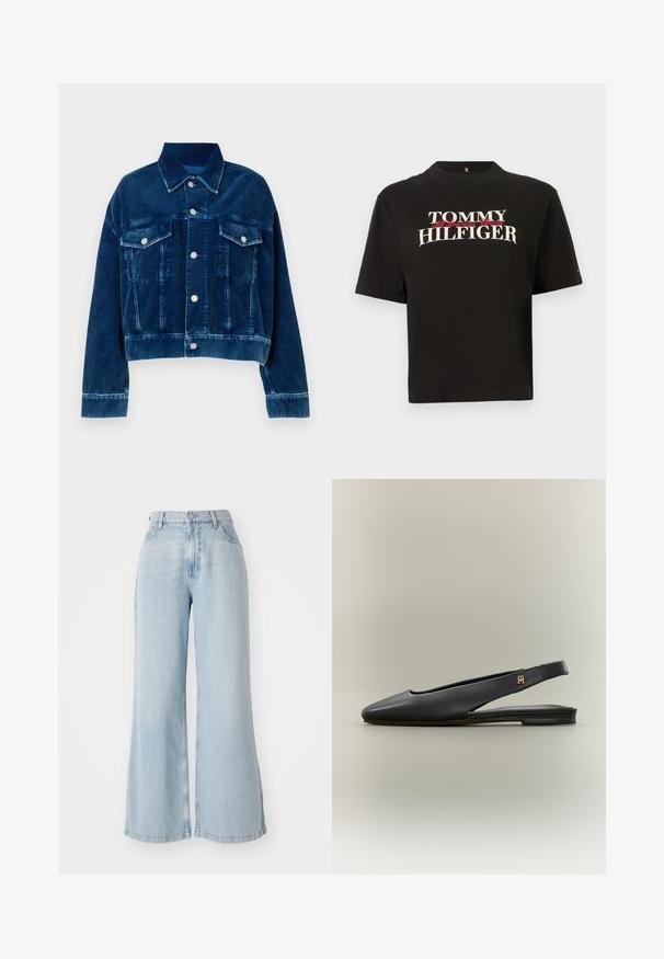 Blauwe corduroy cropped jas met een kraag, twee borstzakken en zilveren drukknoopsluitingen. Textuur met uitgesproken verticale strepen.; Zwart katoenen T-shirt met een ronde halslijn, korte mouwen en een voorkant met grafische tekst waarop "TOMMY HILFIGER" staat in contrasterende kleuren.; Lichtblauwe wijde jeans van denim. Heeft een hoge taille, sluiting met voorknop en twee zijzakken. Versleten textuur langs de randen.; Zwarte leren slingback platte schoen met spits toelopende neus en gouden logo-accent op het bandje, weergegeven op een neutrale achtergrond.