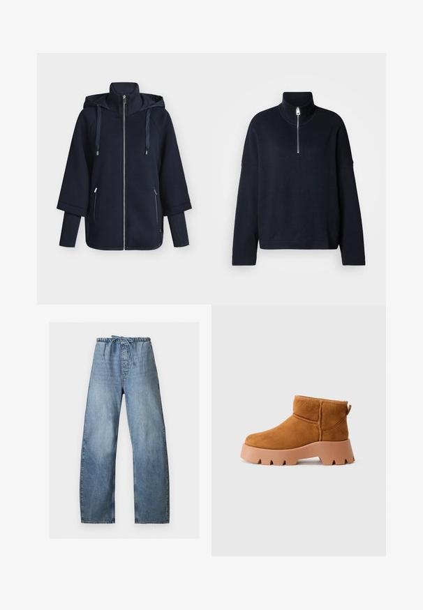 Sweat à capuche zippé bleu marine avec col montant, capuche à cordon de serrage et détails côtelés. Comprend deux poches latérales et une coupe décontractée.; Pull en maille bleu marine à col montant haut, fermeture éclair quart, manches larges et tissu doux et texturé. Design minimaliste sans motifs.; Jean denim bleu clair à jambes larges avec taille élastique et cordon, présentant des détails délavés sur les poches avant et arrière.; Bottines en daim tan avec un bout rond, une semelle brune texturée et une languette. Comprend une couture et un design de plateforme épaisse.