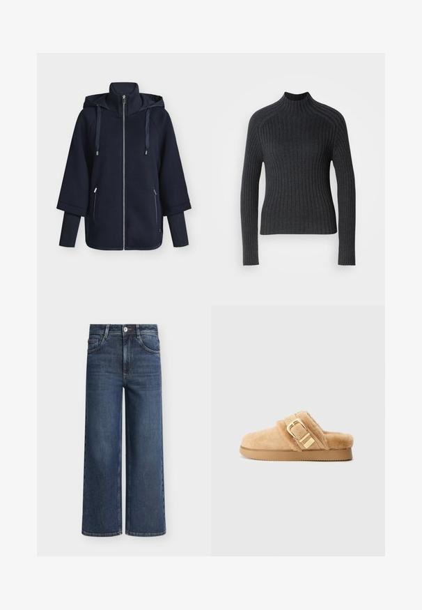 Sweat à capuche zippé bleu marine avec col montant, capuche à cordon de serrage et détails côtelés. Comprend deux poches latérales et une coupe décontractée.; Pull côtelé gris foncé avec des manches longues et un col haut, présentant une coupe ajustée et une texture subtil.; Jean en denim bleu foncé à jambes larges avec boutons et fermeture éclair à l'avant, passants pour ceinture, et poches avant sur fond uni.; Pantoufle en daim beige à enfiler avec doublure en peluche et grand détail de boucle dorée sur le côté, semelle plate, isolée sur un fond gris clair.