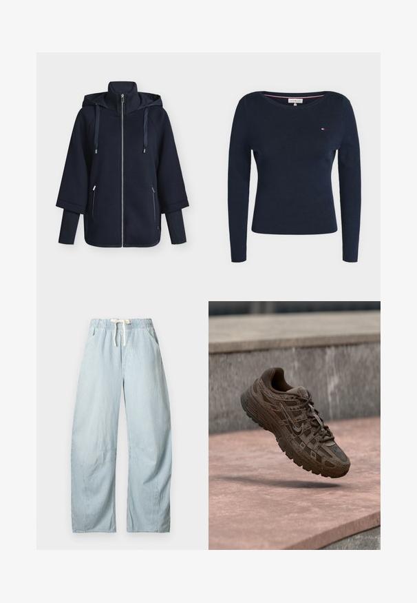 Sweat à capuche zippé bleu marine avec col montant, capuche à cordon de serrage et détails côtelés. Comprend deux poches latérales et une coupe décontractée.; Pull en maille bleu marine à manches longues avec col rond et petit logo Tommy Hilfiger sur la poitrine gauche.; Pantalon ample à rayures verticales bleu clair et blanc avec taille élastique, cordon blanc, poches avant et détails de couture aux genoux.; Chaussure de course Nike marron avec motifs texturés et lacets flottant au-dessus d'une surface en béton avec des marches en pierre en arrière-plan.