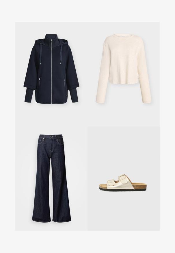 Sweat à capuche zippé bleu marine avec col montant, capuche à cordon de serrage et détails côtelés. Comprend deux poches latérales et une coupe décontractée.; Haut à manches longues court couleur beige clair, en tissu doux, avec un col légèrement évasé et une texture côtelée, orné d'une étiquette sur le côté.; Jean à jambes larges en denim foncé, présentant une taille haute, cinq poches, des coutures blanches contrastantes et une texture lisse.; Sandales à glissière à deux boucles en or métallique, avec une semelle en liège et une semelle en caoutchouc noire. Présente un design plat et une texture lisse.