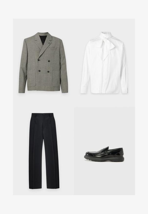 Blazer croisé à motif à carreaux noir et blanc, avec un col cranté, deux poches avant et des accents de boutons noirs.; Blouse blanche à manches longues avec col noué en forme de nœud et poignets boutonnés sur fond uni.; Pantalon noir ajusté à jambes droites avec plis devant, passants pour ceinture et fermeture par bouton à la taille.; Mocassin en cuir noir avec une finition brillante, bout arrondi, détails de couture subtils et semelle en caoutchouc épaisse pour la durabilité.