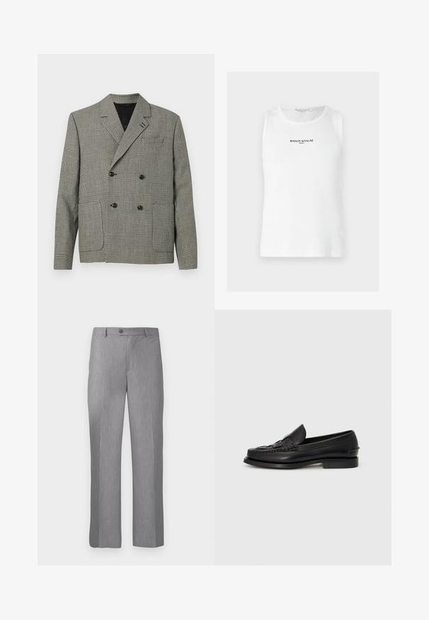 Blazer croisé à motif à carreaux noir et blanc, avec un col cranté, deux poches avant et des accents de boutons noirs.; Débardeur blanc côtelé sans manches avec l’inscription « MAISON KITSUNÉ PARIS » imprimée en noir, centrée sur la poitrine.; Pantalons habillés gris sur mesure avec passants de ceinture, bouton frontal et braguette zippée, dotés d'une coupe droite.; Mocassin en cuir noir avec un détail tissé à l'avant, bout arrondi et petit talon. Texture lisse et design minimaliste.