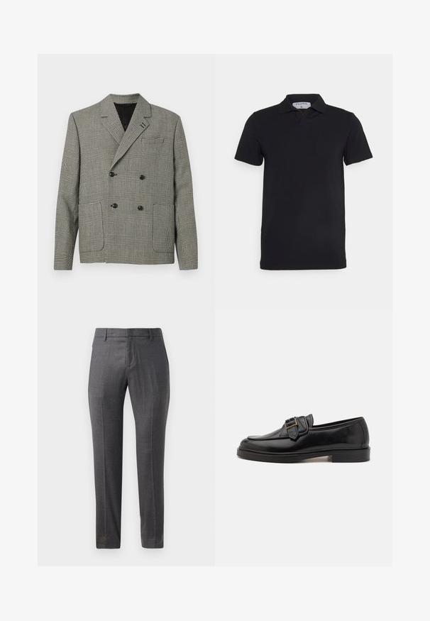 Blazer croisé à motif à carreaux noir et blanc, avec un col cranté, deux poches avant et des accents de boutons noirs.; Polo noir à manches courtes avec un col classique, fabriqué en tissu lisse. Présente une étiquette avec le nom de la marque 'Filippa K' au niveau de l'encolure.; Pantalons en laine gris avec un devant plat, coupe slim, texture subtile et design classique. Comprend des poches latérales et une fermeture éclair.; Mocassins en cuir noir avec un bout arrondi et une boucle décorative. Talon plat, solide et texture lisse sur l'ensemble.