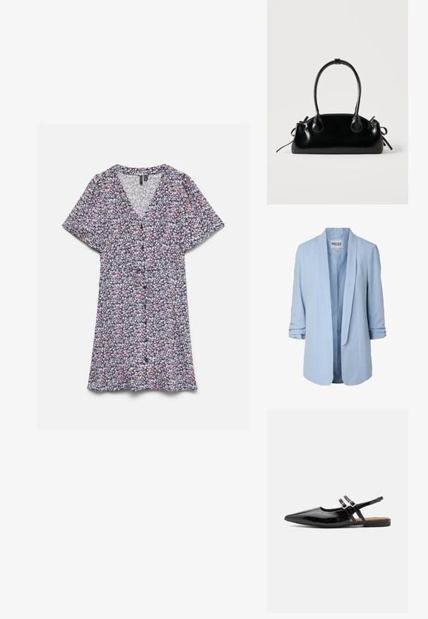 Veste blazer pour femme bleu clair avec manches retroussées et devant ouvert, dotée d'un col lisse et d'une doublure intérieure.; Robe à manches courtes en V avec un petit motif floral rose, blanc et noir et un détail ceinture à la taille sur fond blanc.; Des chaussures slingbacks en cuir verni noir présentent un bout pointu, deux sangles avec des accents de boucle, et une semelle plate.; Petit sac à main noir brillant avec deux longues anses et des détails à cordon sur les côtés sur un fond clair uni.